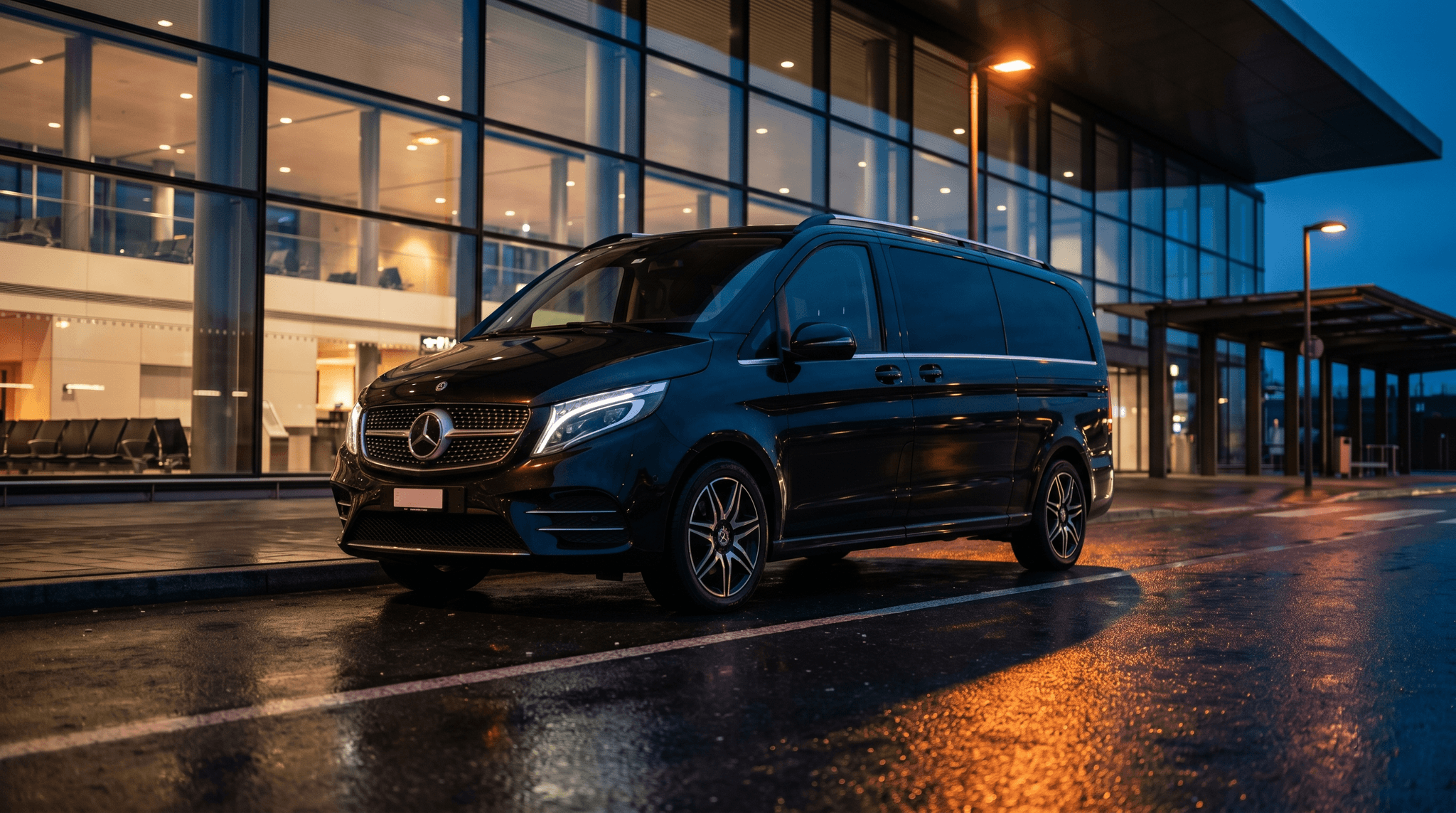 Mercedes V-Klasse am Flughafen Zürich bei Nacht